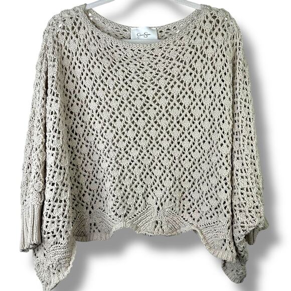 Jessica Simpson Cream Crochet Open Knit Boat Neck Bat Wing Sweater Small - Picture 1 of 6